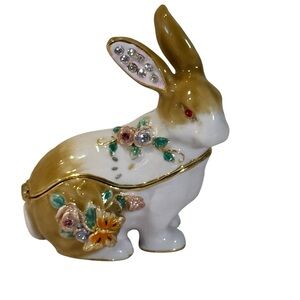 RUCINNI Hinged Trinket Box Floral Enamel Rabbit Bunny Easter